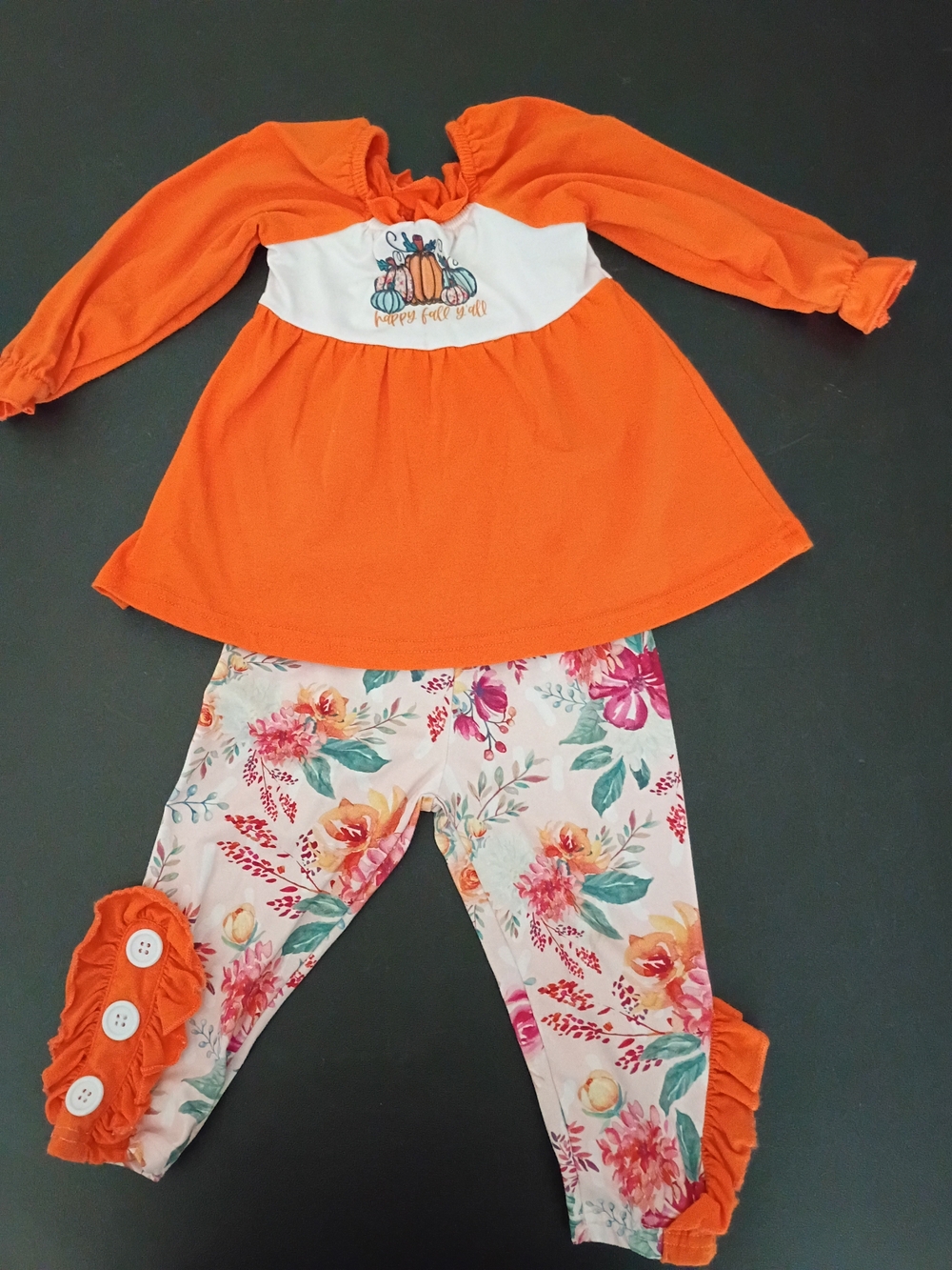 Toddler Girls Fall Pumpkin Outfit - "Happy Fall Y'all" Tunic & Floral Ruffle Leg